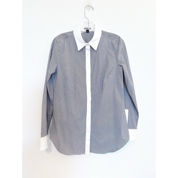 Ann Taylor Black And White Pinstriped Button Down Shirt Size 8 - Picture 1 of 6